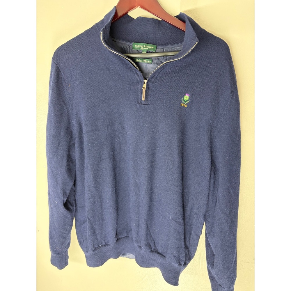 Fairway & Greene Mens Navy Italian Merino Wool 1/4 Zip Pullover Sweater Large